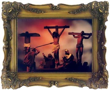A framed image of the stirring portrayal of Jesus giving His life for us all on the cross. 