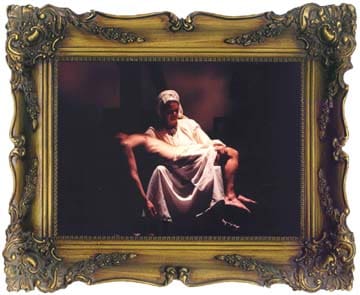 A framed image of the famous masterpiece "The Pieta" in which Mary mourns the death of her son during this Easter Pageant play drama script.