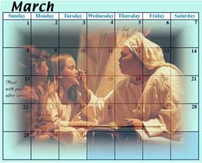 An image of a calendar superimposed over an image of a woman applying makeup on a girl.