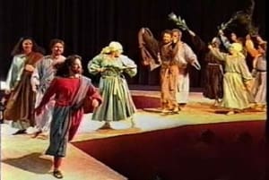 Jesus walking rapidly down the ramp with others in this free Christian Easter pageant play script.