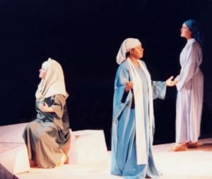The three narrator women dressed in Bible costumes as they introduce the stirring story of the life of Jesus.