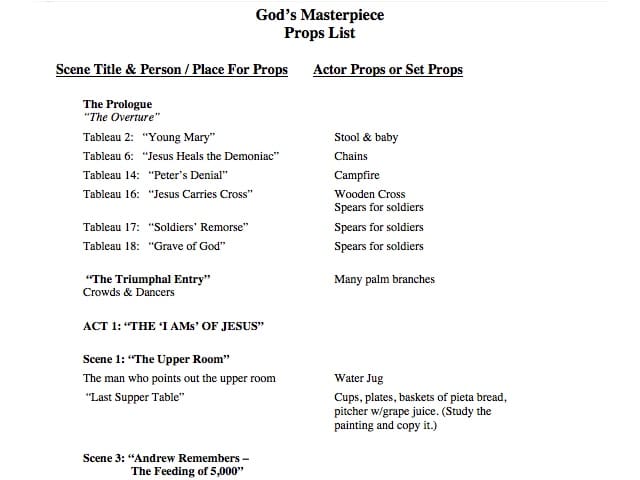 A listing of props for God's Masterpiece.