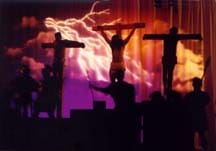 A dramatic image of the three crosses with lightning bolts.